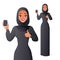 Muslim woman in hijab showing blank vertical smartphone screen with thumb up. Isolated vector illustration.