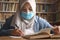 Muslim woman learning studying reading book in library during covid19 pandemic, wearing protective medical face mask