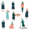 Muslim Woman Lifestyle Set, Modern Arab Girls Characters in Traditional Clothing in Different Situations Vector