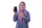 Muslim Woman Looking at Camera Smiling and Shows Smart Phone, Phone Mock Up