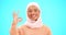 Muslim woman, ok sign and smile on face with hand for emoji, icon or agreement. Islamic female with hijab and symbol for