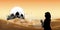 Muslim woman praying during sunset with mosque background, Panorama landscape of a girl praying with desert background during the