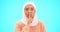 Muslim woman, secret and finger on lips for mockup, silence or promotion. Islamic female with hijab and face emoji