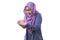 Muslim Woman Shows Copy Space Empty Palm Presenting Something