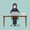 Muslim Woman sitting front of computer on work table icon