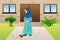 Muslim Woman Sweeping the Trash Illustration