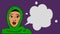 Muslim woman talking cartoon animation with empty bubble speech on the right sid. Solid purple background.