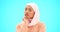 Muslim woman, thinking and idea in studio with hand on chin for mockup, advertising or choice. Islamic female with hijab