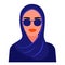 Muslim woman in traditional dark blue hijab clothes and glasses. Arab girl full face. Vector illustration isolated