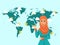 Muslim woman TV weather forecast reporter at work vector illustration. Muslim girl meteorology at television broadcast.