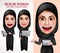 Muslim woman vector character set holding laptop and tablet with beautiful smile