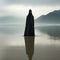 A Muslim woman in a veil or veil walks along the beach near the ocean.