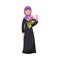 Muslim Woman Wearing Long Dress and Head Shawl Standing and Holding Flower Bouquet Vector Illustration