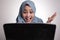 Muslim Woman Working on Laptop Shocked Stunned Excited Gesture