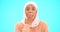 Muslim woman, wow and surprise with hand on mouth for mockup, advertising or promotion. Islamic female with hijab and