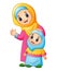 A muslim women hold her daughter head and waving hand