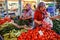 Muslim women selling the vegetables in the market. Kemer, Turkey.