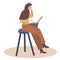 Muslim women writing on laptop site on chair white isolated background with flat cartoon style