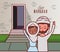 Muslims couple cartoons celebrating ramadan eid mubarak outside house vector design