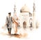 muslims couple in front of mosque , watercolor clipart