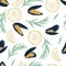Mussel  seamless pattern in flat style isolated on white background. Seafood colored concept. Great design for seafood