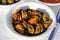 Mussels in chilli sauce tapas, Spain.