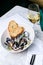 Mussels, crisp baguette and a glass of white wine. Seafood cocept. Place text