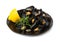 Mussels Pile on Black Plate Isolated, Open Shellfish, Seafood, Mussels Meat, Cooked Clams on White