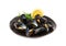 Mussels Pile on Black Plate Isolated, Open Shellfish, Seafood, Mussels Meat, Cooked Clams on White