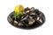 Mussels Pile on Black Plate Isolated, Open Shellfish, Seafood, Mussels Meat, Cooked Clams on White