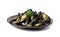 Mussels Pile on Black Plate Isolated, Open Shellfish, Seafood, Mussels Meat, Cooked Clams on White