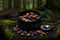 mussels in a pot over a campfire, surrounded by nature