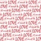 It must be love lines of red text with transparent pastel hearts texture. Fun seamless vector pattern on white