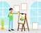 Mustached Man Artist in Beret Painting with Drawing Easel Vector Illustration