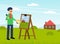 Mustached Man Artist in Beret Painting Outdoor Landscape with Drawing Easel Vector Illustration