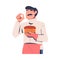Mustached Man Baker in Apron Holding Fresh Baked Loaf with Potholder Vector Illustration