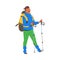 Mustached Man Character Hiking in the Mountains with Pole and Backpack Vector Illustration