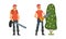 Mustached Man Gardener in Cap and Gloves with Saw Working in the Yard Vector Set