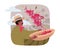 Mustached Man in Hat Harvesting Coffee Crop Picking Ripe Red Berry in Wicker Basket Vector Illustration