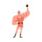 Mustached Strongman Lifting Kettlebell with Finger as Circus Artist Character Performing on Stage or Arena Vector