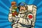 Mustachioed astronaut with giant Burger