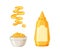 Mustard. Hot american mustard sauce bottle, bowl, spoon, splash. Set on a white background. Vector illustration.