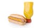 Mustard hotdog and a mustard bottle