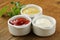 Mustard, ketchup and mayonnaise - three kinds sauces