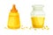 Mustard Paste or Sauce in Yellow Plastic Bottle and Oil in Glass Jar with Scattered Seeds Vector Set