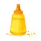 Mustard Paste or Sauce in Yellow Plastic Bottle and Scattered Grain Around Vector Illustration