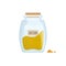 Mustard powder stored in clear jar isolated on white background. Pungent condiment, food spice, cooking ingredient in