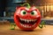 Mutant tomato, with sharp teeth and a menacing smile, sits in a kitchen setting, playfully highlighting concerns