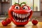 Mutant tomato, with sharp teeth and a menacing smile, sits in a kitchen setting, playfully highlighting concerns