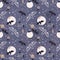 Muted purple backgroun with bats, cats, cosmic night sky in naive style